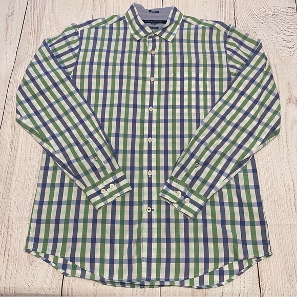 Tommy Hilfiger Men's Green and Blue Plaid Shirt classic fit Medium - Picture 2 of 11